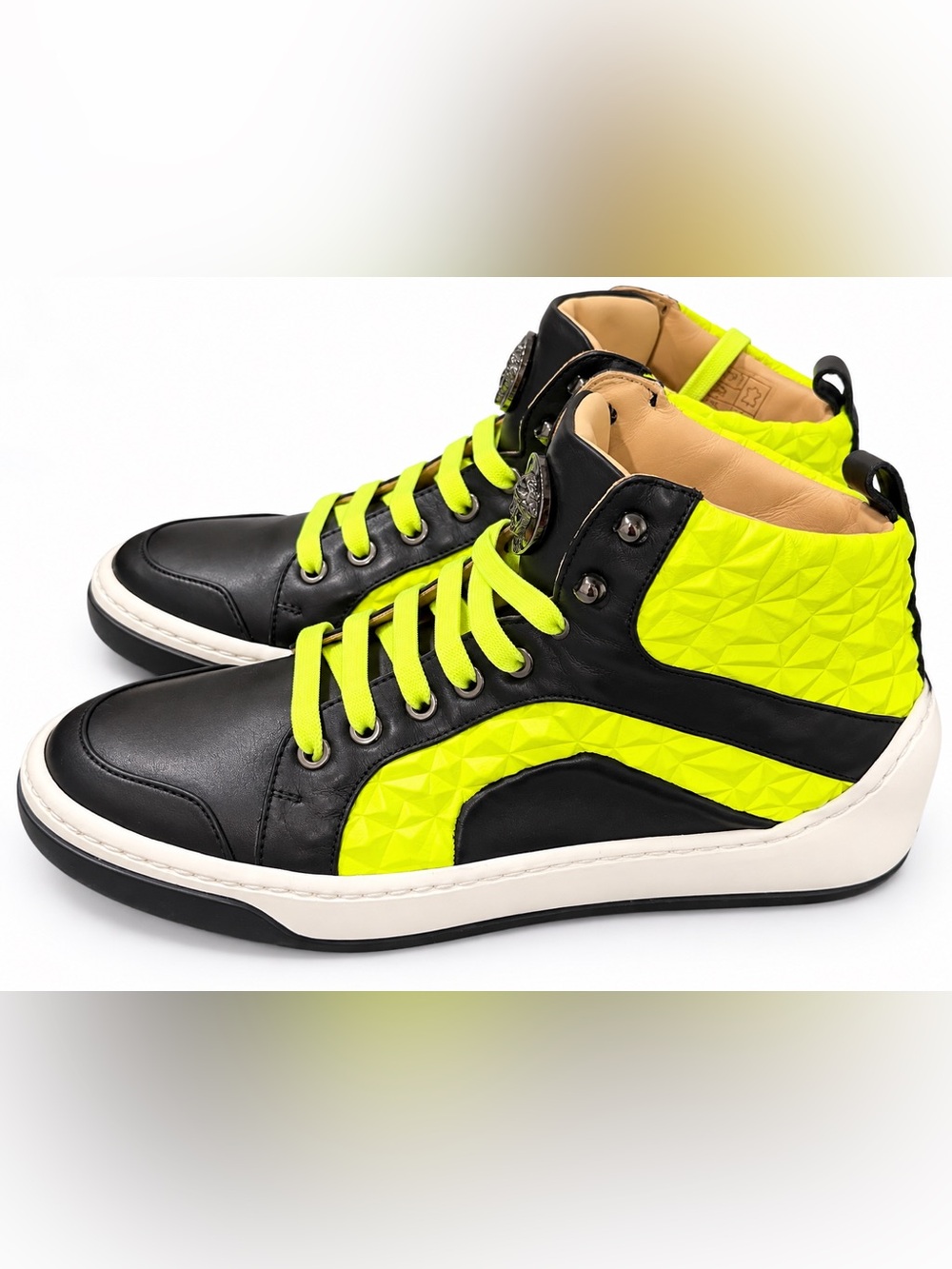 Versace Young Black Leather High-Top Sneakers with Neon Yellow Laces - Picture 3 of 9
